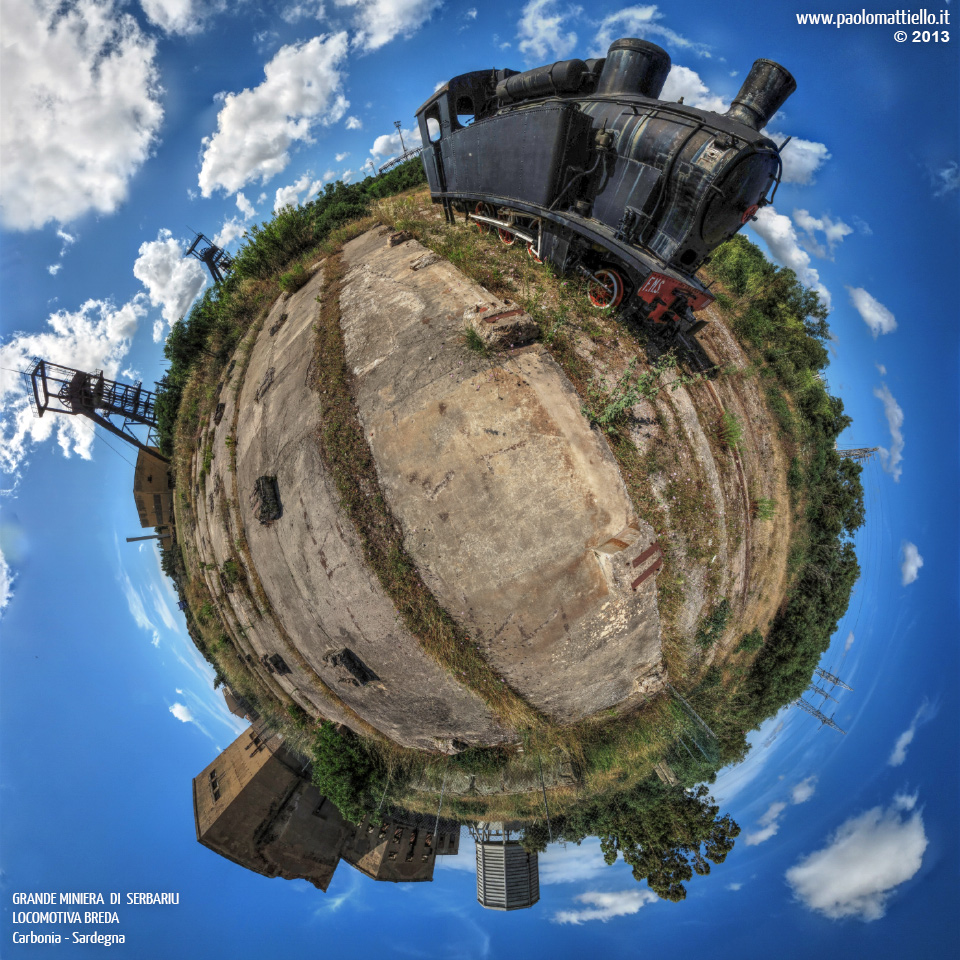 panorama stereografico stereographic - stereographic panorama - Sardegna→Carbonia→Grande Miniera di Serbariu | Area della laveria e locomotiva Breda 101, 10.06.2013