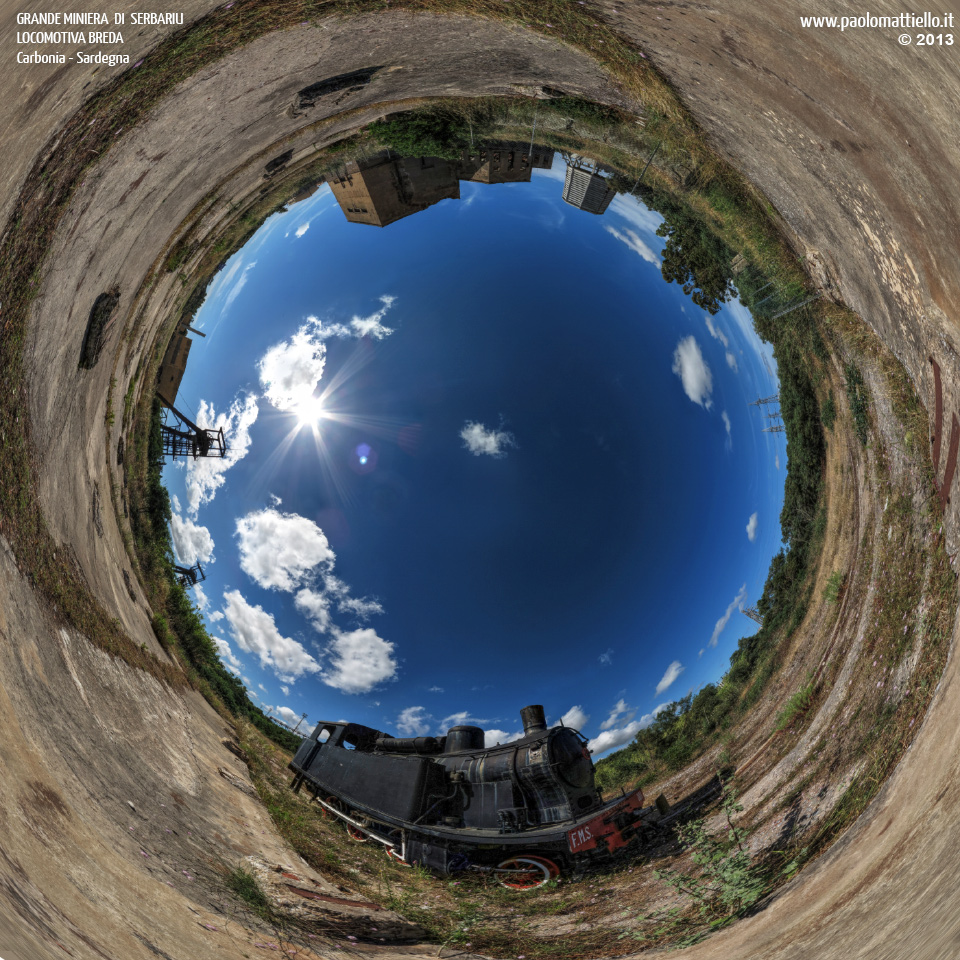 panorama stereografico stereographic - stereographic panorama - Sardegna→Carbonia→Grande Miniera di Serbariu | Area della laveria e locomotiva Breda 101, 10.06.2013