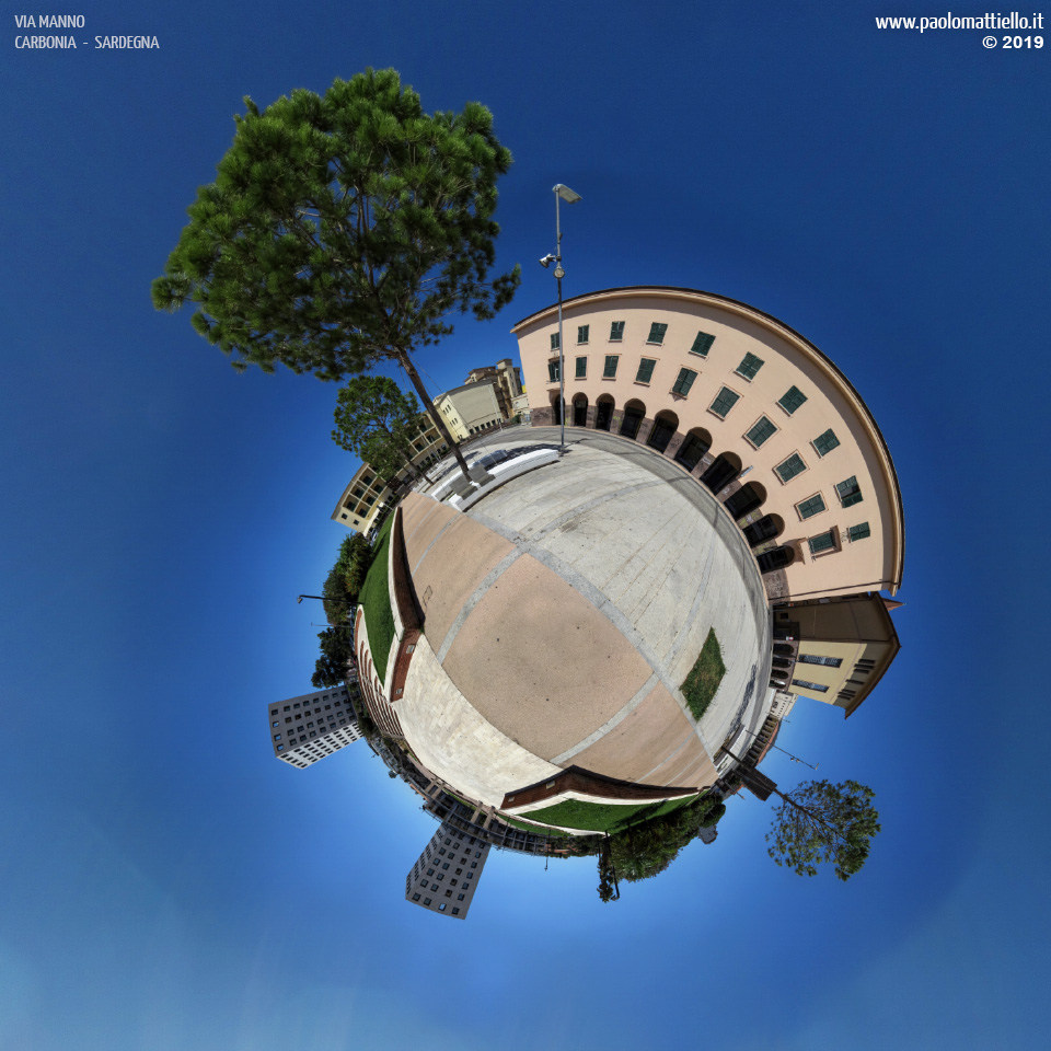 panorama stereografico stereographic - stereographic panorama - Sardegna→Carbonia | Via Manno e storico Hotel Centrale (ora ristorante), 15.08.2019