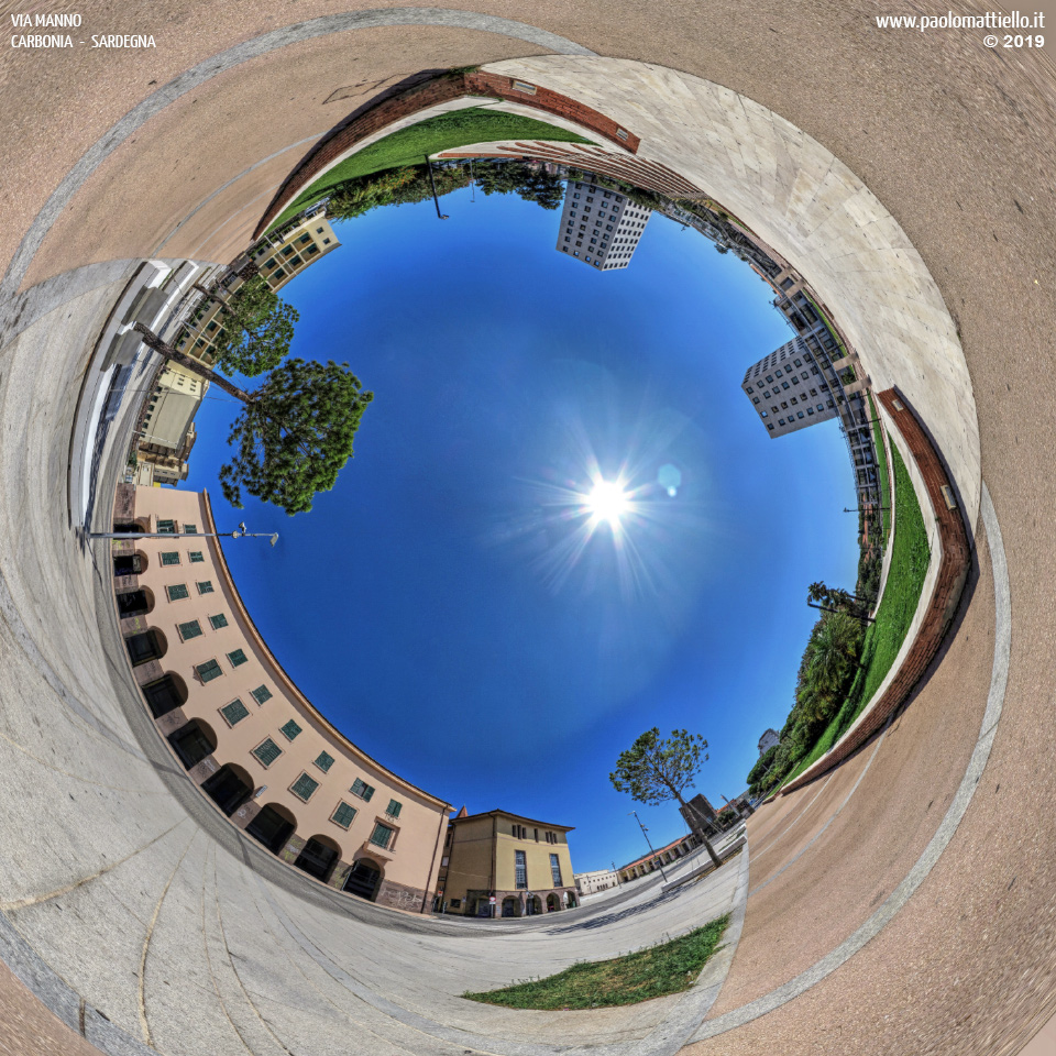 panorama stereografico stereographic - stereographic panorama - Sardegna→Carbonia | Via Manno e storico Hotel Centrale (ora ristorante), 15.08.2019