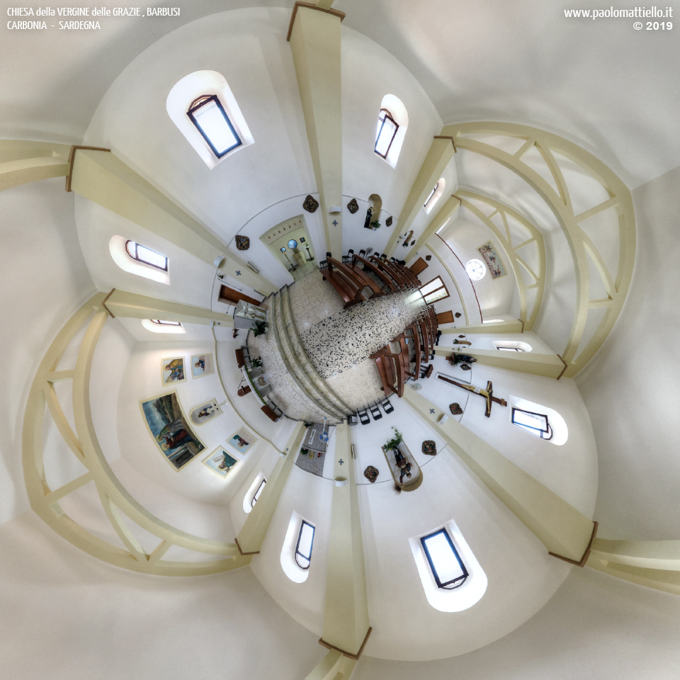 panorama stereografico stereographic - stereographic panorama - Sardegna→Carbonia | Barbusi, chiesa della Vergine delle Grazie, interno, 04.09.2019
