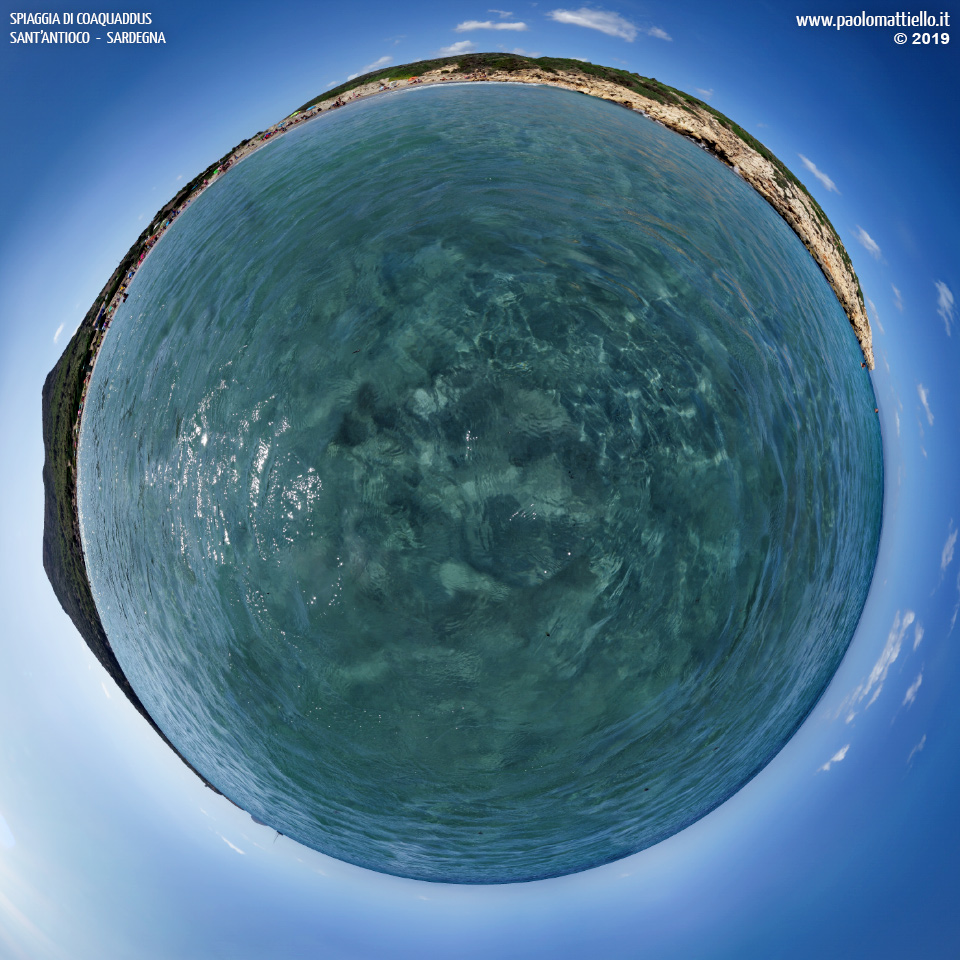 panorama stereografico stereographic - stereographic panorama - Sardegna→Sant'Antioco | Spiaggia di Coa 'e Cuaddus o Coaquaddus, vista dall'acqua, 06.09.2019