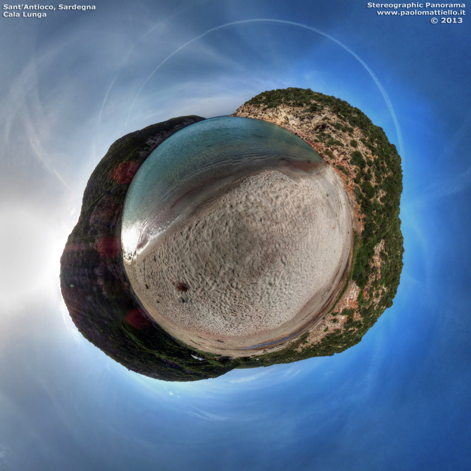 panorama stereografico stereographic - stereographic panorama - Sardegna→Sant'Antioco→Cala Lunga | Cala Lunga, spiaggia, vista centrale, 20.10.2013
