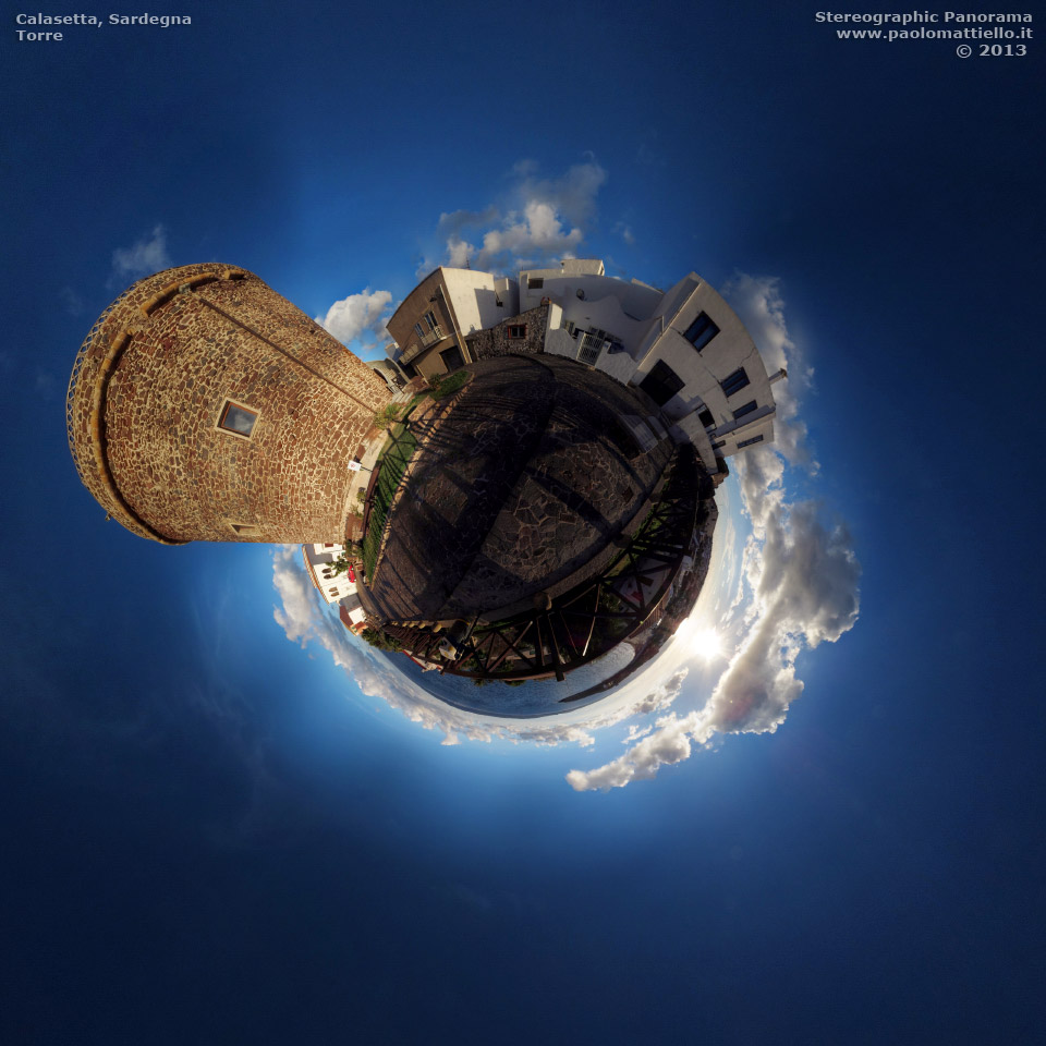 panorama stereografico stereographic - stereographic panorama - Sardegna→Calasetta | Torre sabauda (1756) e spiaggia al tramonto 31.12.2013