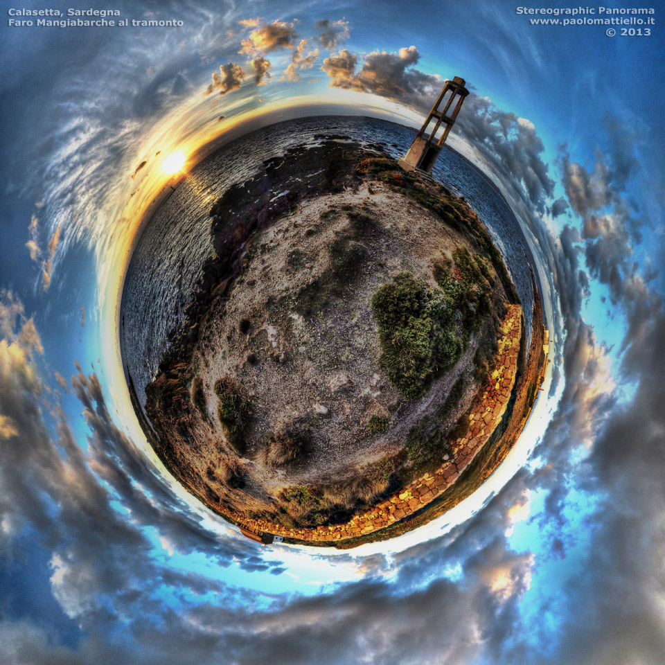 panorama stereografico stereographic - stereographic panorama - Sardegna→Calasetta→loc. Mangiabarche | Faro di Mangiabarche al tramonto, 31.12.2013