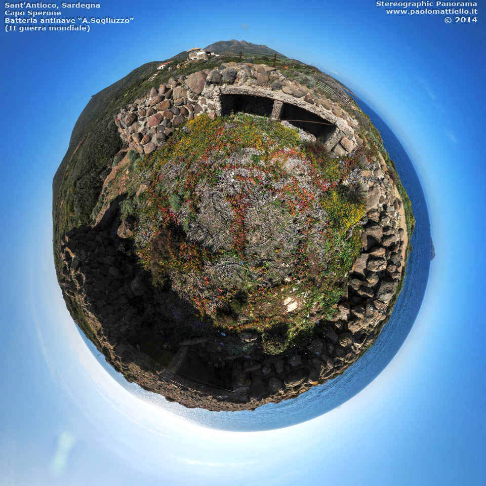 panorama stereografico stereographic - stereographic panorama - Sardegna→Sant'Antioco→Capo Sperone | Batteria antinave Sogliuzzo, piazzola del cannone, 01.04.2014