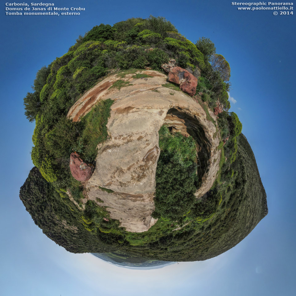 panorama stereografico stereographic - stereographic panorama - Sardegna→Carbonia→Monte Crobu | Domus de Janas, tomba monumentale, esterno, 07.04.2014