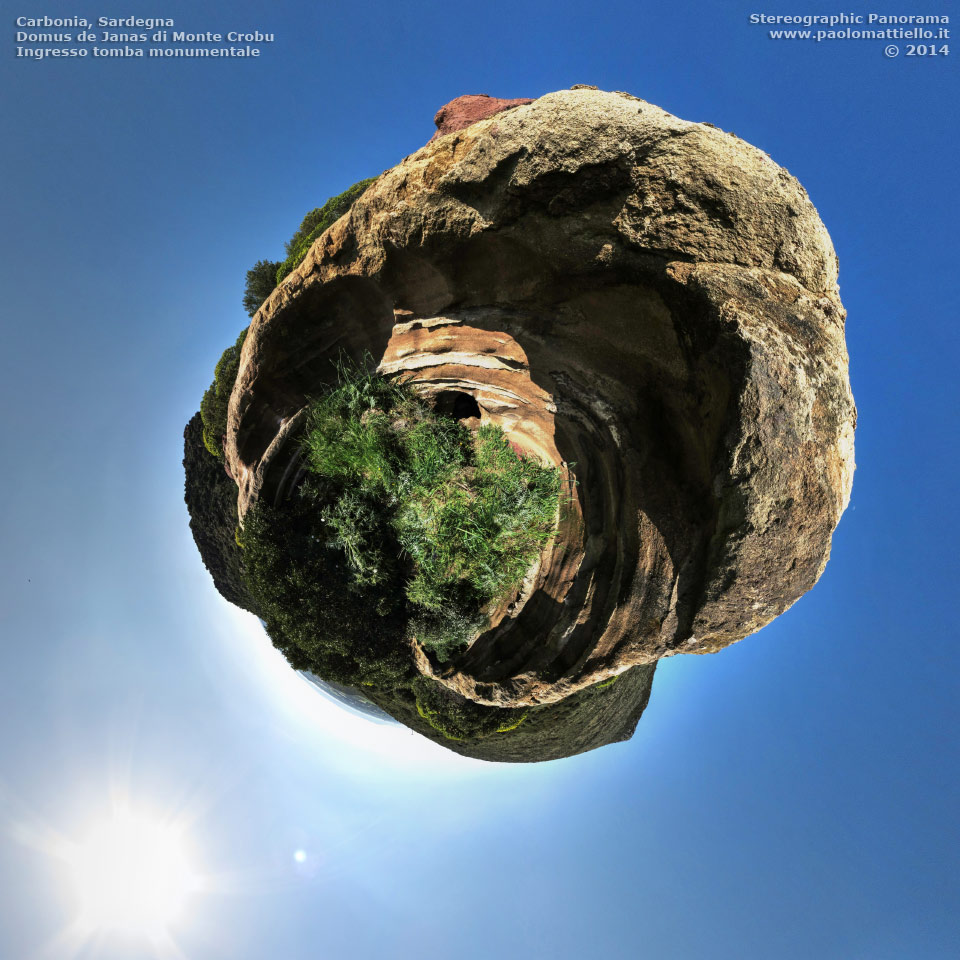 panorama stereografico stereographic - stereographic panorama - Sardegna→Carbonia→Monte Crobu | Domus de Janas, tomba monumentale, ingresso, 07.04.2014