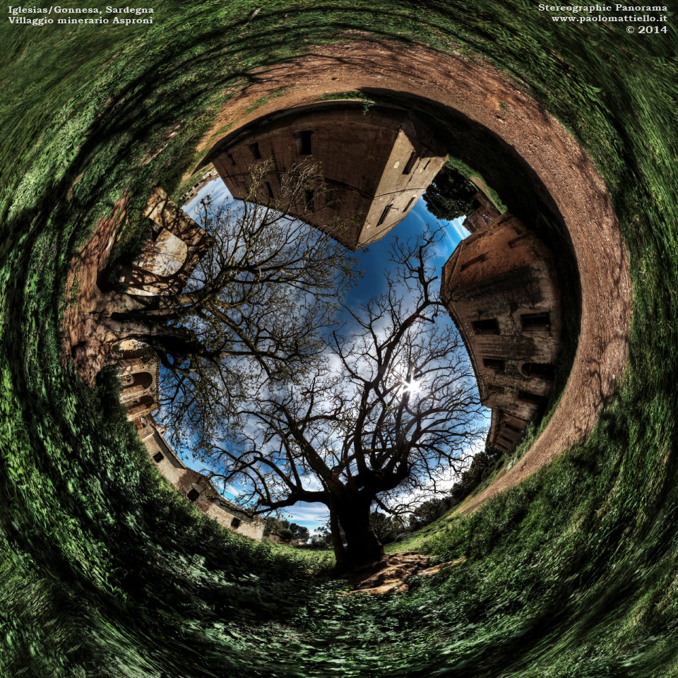 panorama stereografico stereographic - stereographic panorama - Sardegna→Iglesias e Gonnesa | Villaggio Asproni, scuola e lecci secolari, 18.04.2014