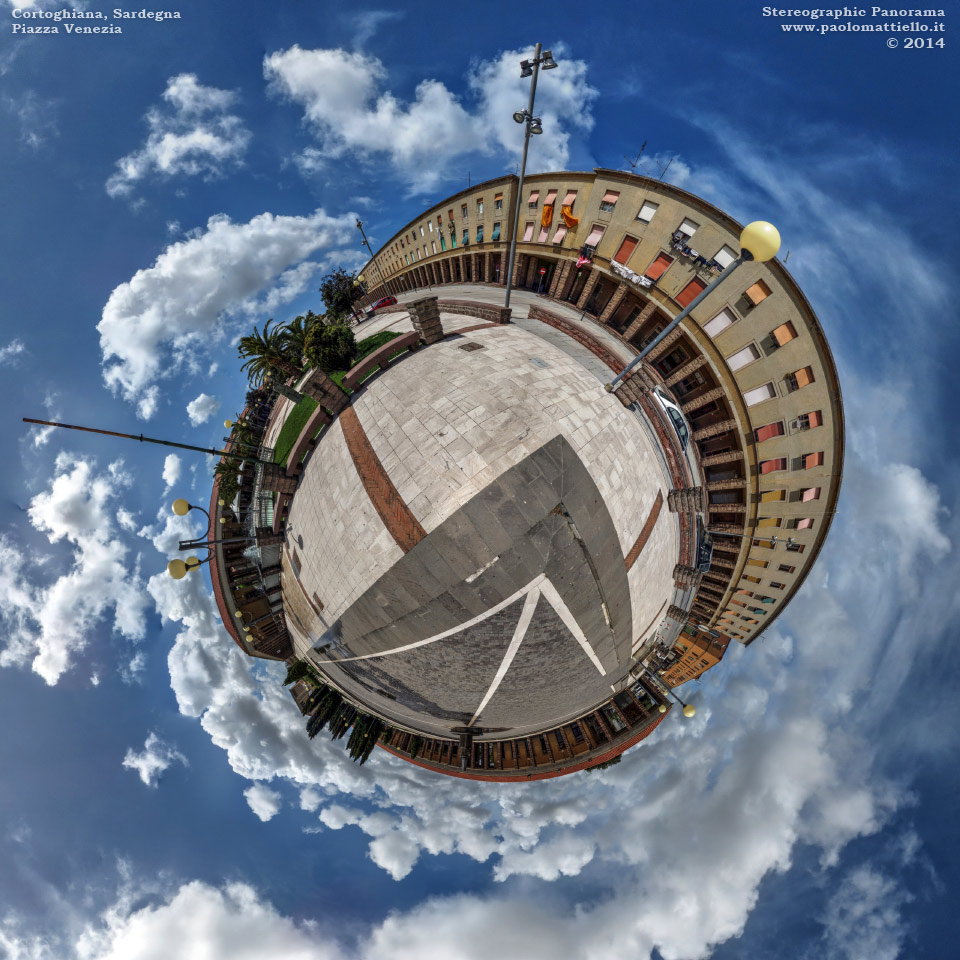 panorama stereografico stereographic - stereographic panorama - Sardegna→Carbonia→Cortoghiana | Piazza Venezia (architettura razionalista, 1939), 29.04.2014