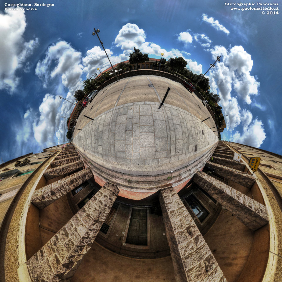 panorama stereografico stereographic - stereographic panorama - Sardegna→Carbonia→Cortoghiana | Piazza Venezia (architettura razionalista, 1939), 29.04.2014