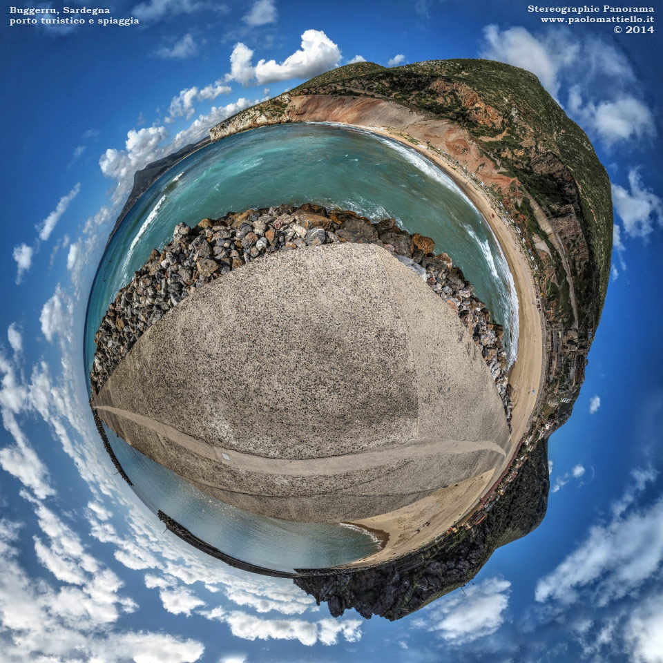 panorama stereografico stereographic - stereographic panorama - Sardegna→Buggerru | Porticciolo turistico, spiaggia e surfisti, 31.05.2014