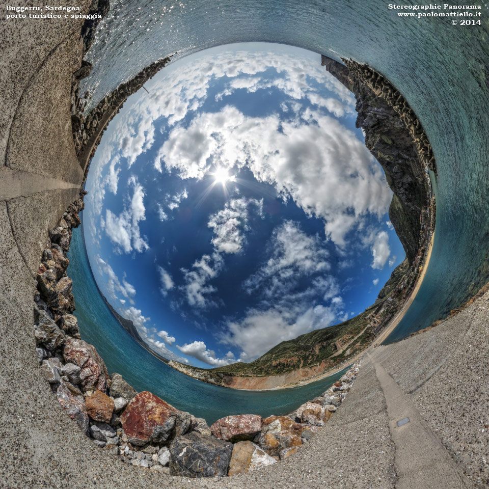 panorama stereografico stereographic - stereographic panorama - Sardegna→Buggerru | Porticciolo turistico, spiaggia e surfisti, 31.05.2014