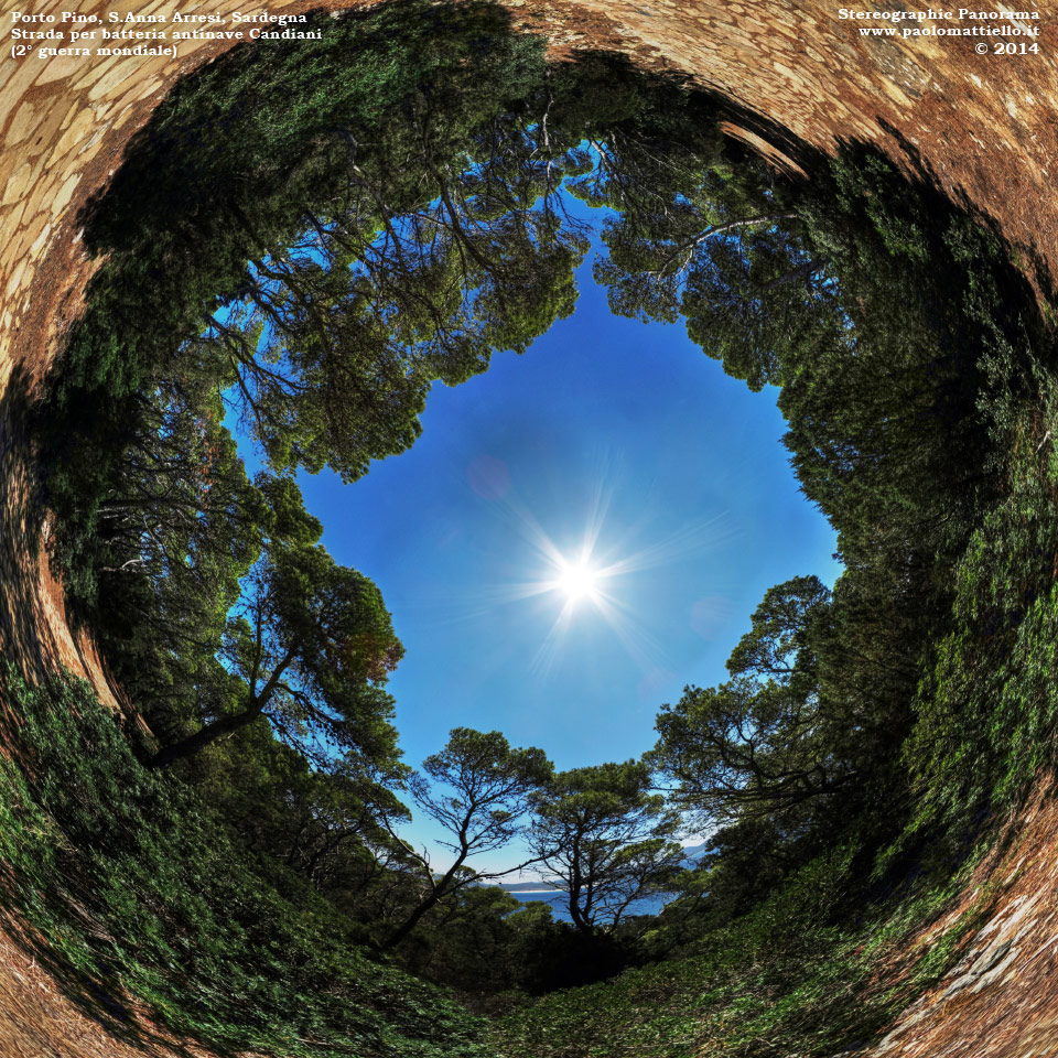 panorama stereografico stereographic - stereographic panorama - Sardegna→S.Anna Arresi→Porto Pino | Batteria antinave Candiani, strada, 31.07.2014