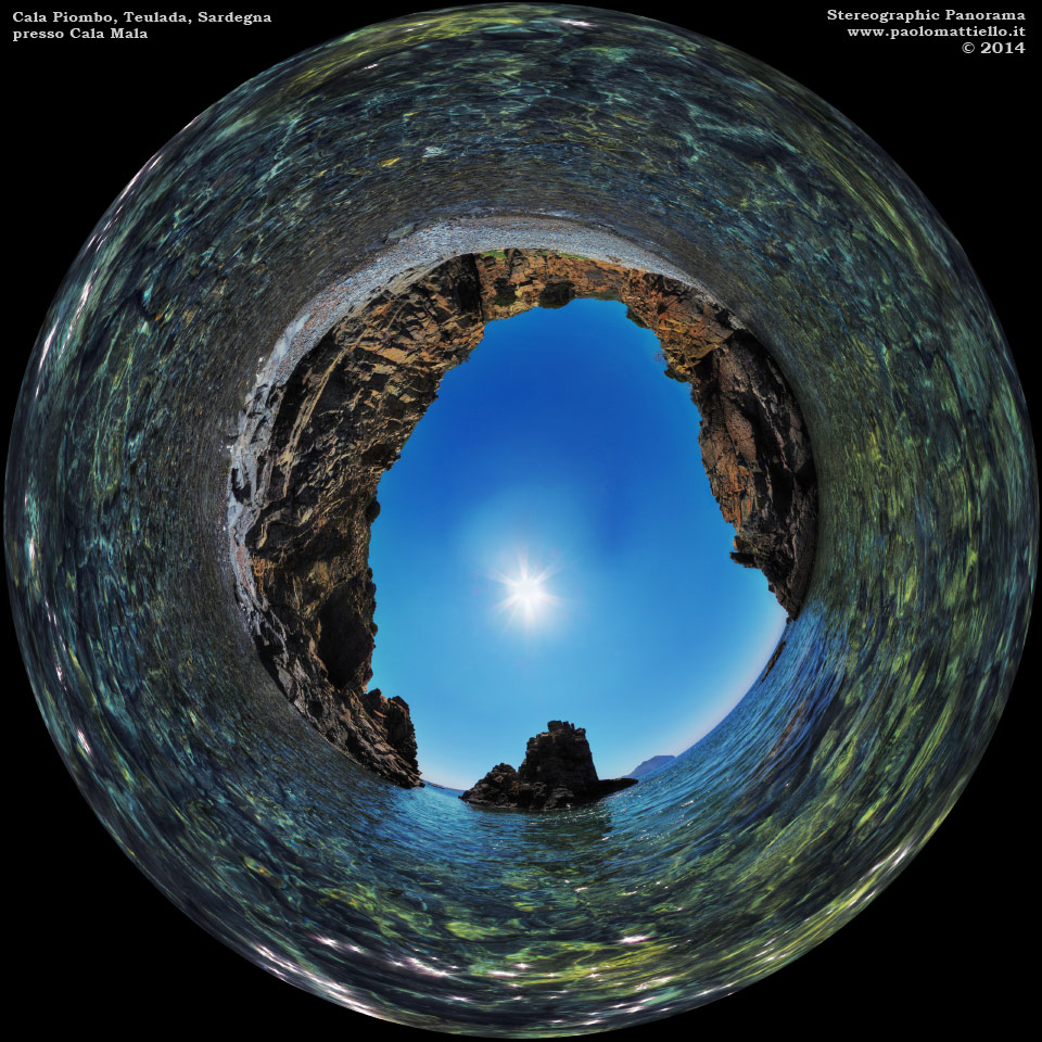 panorama stereografico stereographic - stereographic panorama - Sardegna→Teulada→Costa di Cala Piombo | Spiaggetta rocciosa presso Cala Mala, 05.08.2014