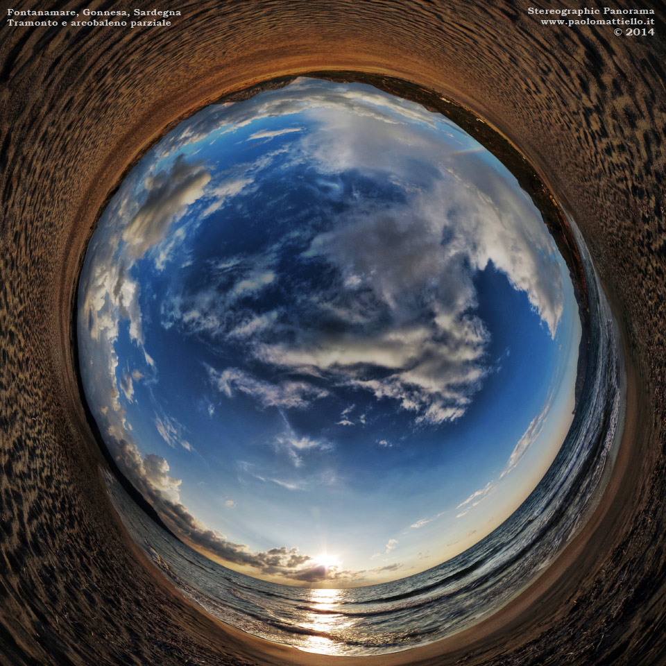 panorama stereografico stereographic - stereographic panorama - Sardegna→Gonnesa→Fontanamare | Tramonto e arcobaleno parziale, 04.10.2014