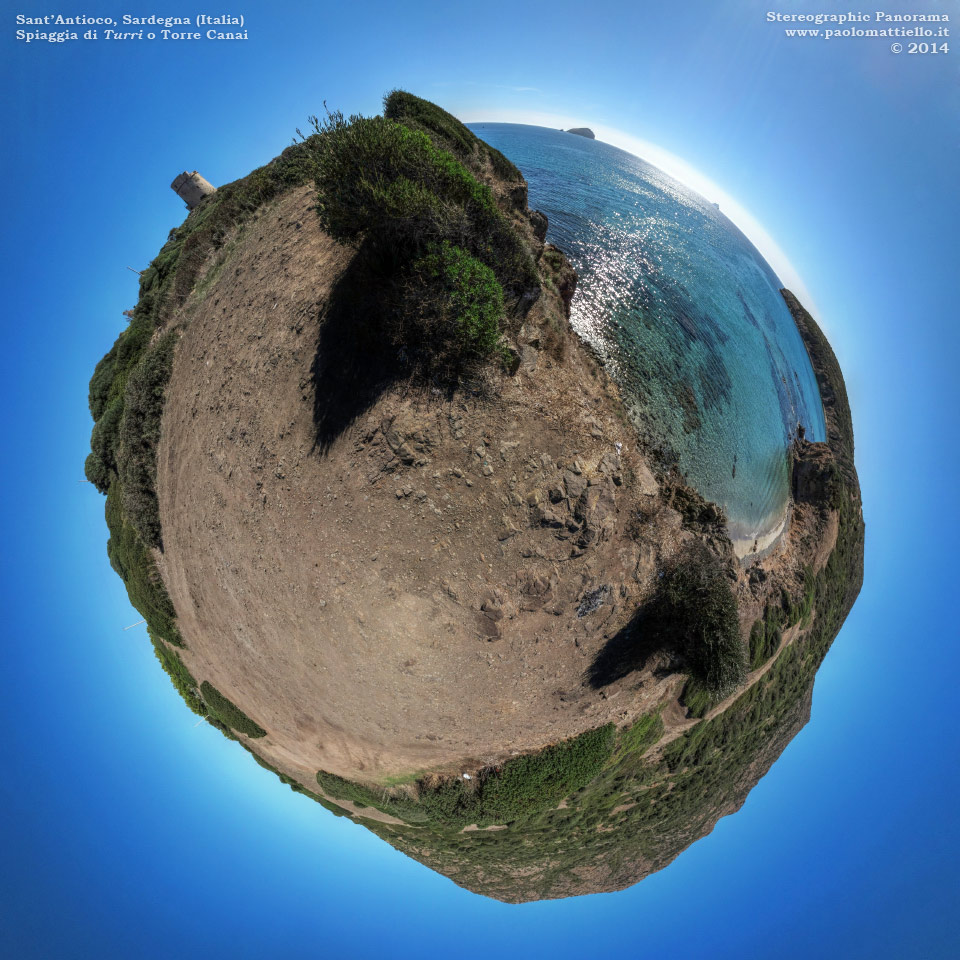 panorama stereografico stereographic - stereographic panorama - Sardegna→Sant'Antioco→Turri | Prima spiaggia e Torre Canai, dall'alto, 18.10.2014