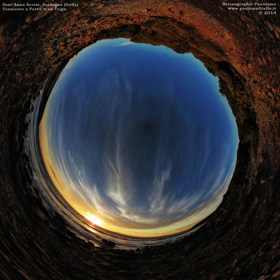 panorama stereografico stereographic - stereographic panorama - Sardegna→Sant'Anna Arresi | Cala Sa Barracca, o Portu 'e su Trigu, tramonto, 08.11.2014