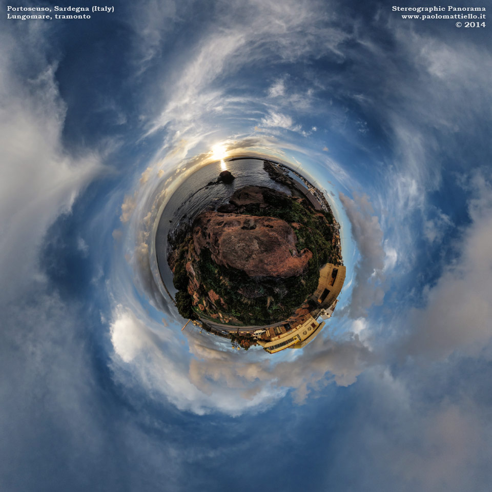 panorama stereografico stereographic - stereographic panorama - Sardegna→Portoscuso | Tramonto sul lungomare e sulla casamatta della 2° guerra mondiale, 02.12.2014