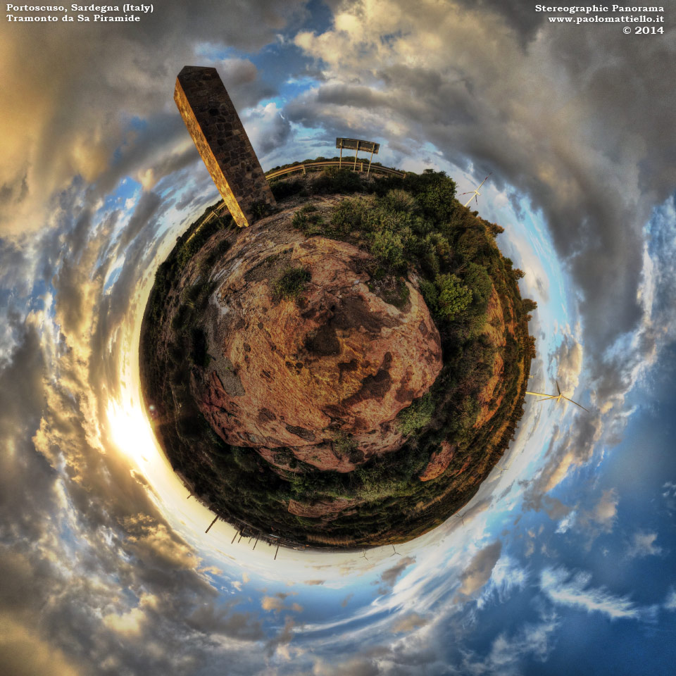 panorama stereografico stereographic - stereographic panorama - Sardegna→Portoscuso | Tramonto da Sa Piramide, parco eolico e impianti di Portovesme, 03.12.2014