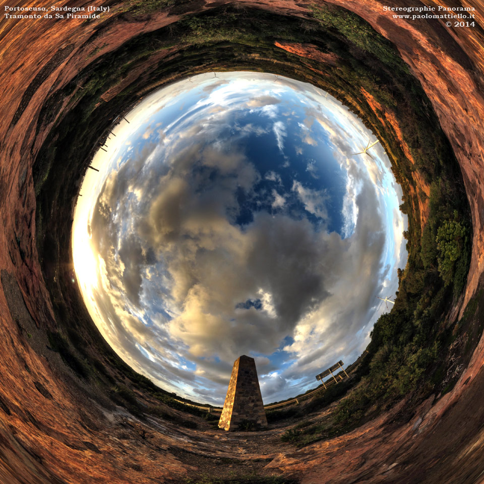 panorama stereografico stereographic - stereographic panorama - Sardegna→Portoscuso | Tramonto da Sa Piramide, parco eolico e impianti di Portovesme, 03.12.2014