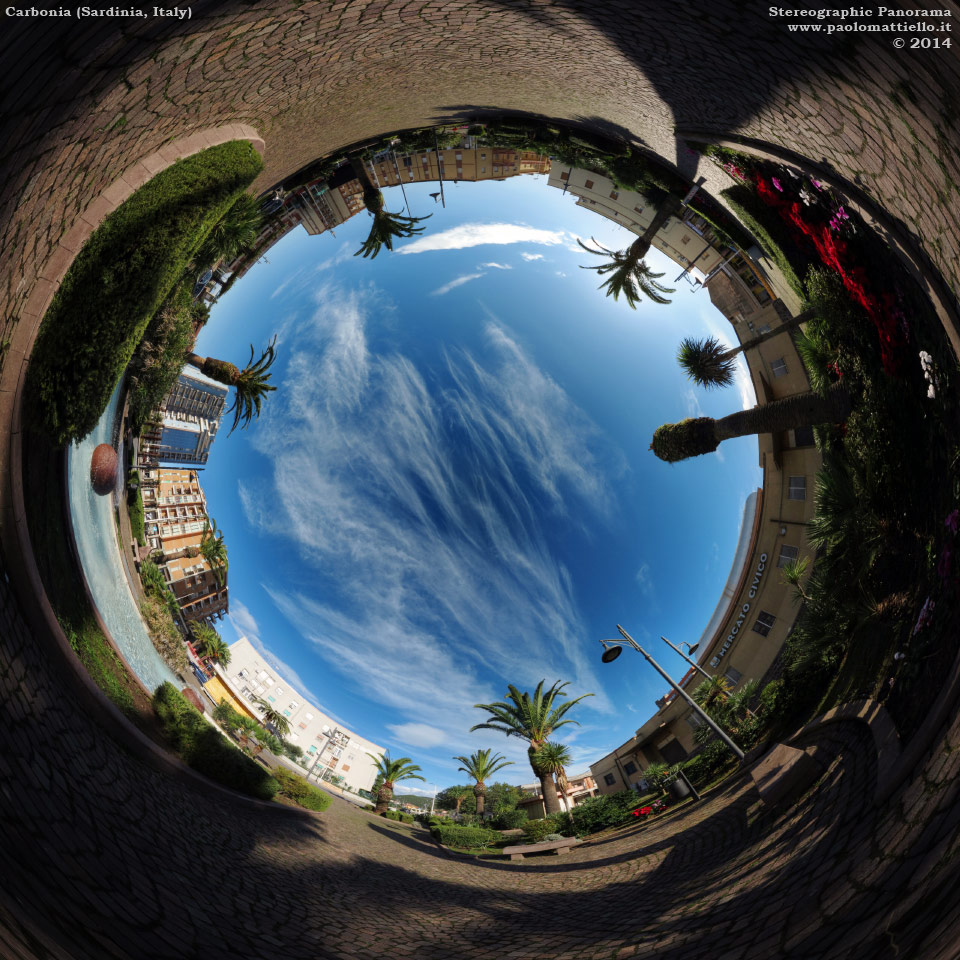 panorama stereografico stereographic - stereographic panorama - Sardegna→Carbonia | P.zza Ciusa: mercato civico e fontana, 07.12.2014