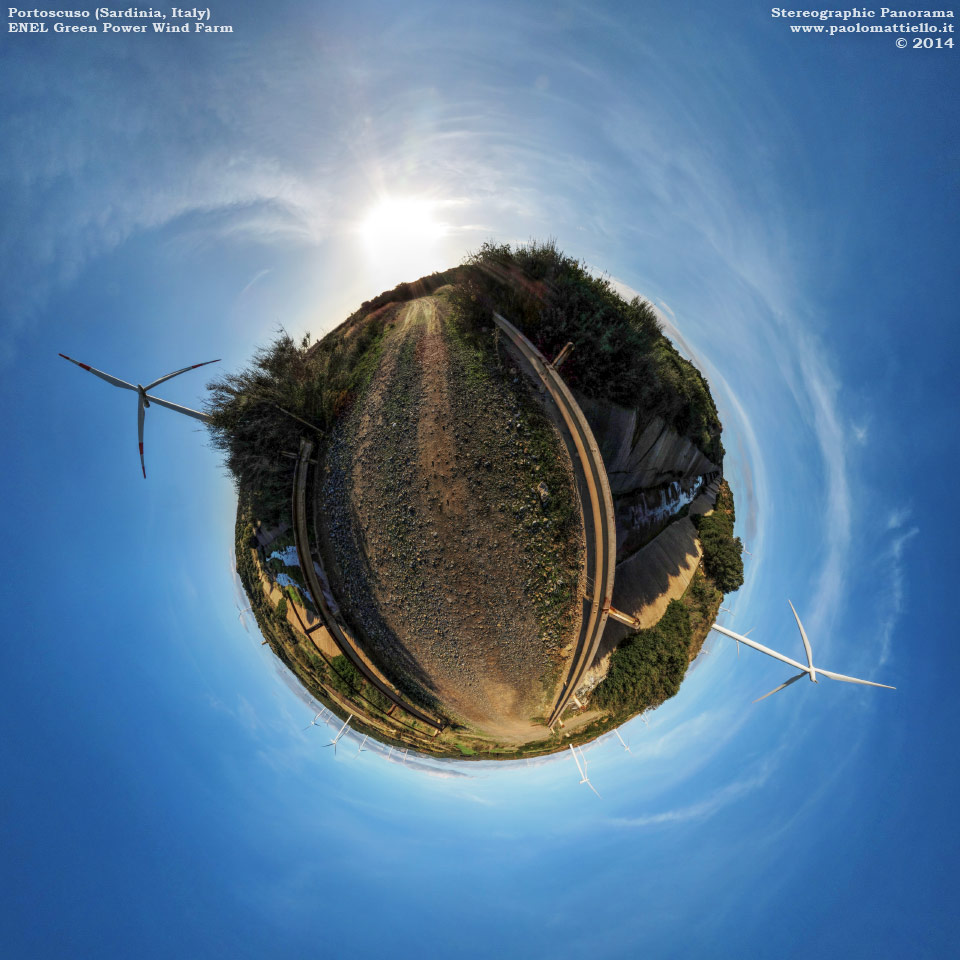 panorama stereografico stereographic - stereographic panorama - Sardegna→Portoscuso | Parco eolico ENEL Green Power (90MW) e canale di guardia, 12.12.2014