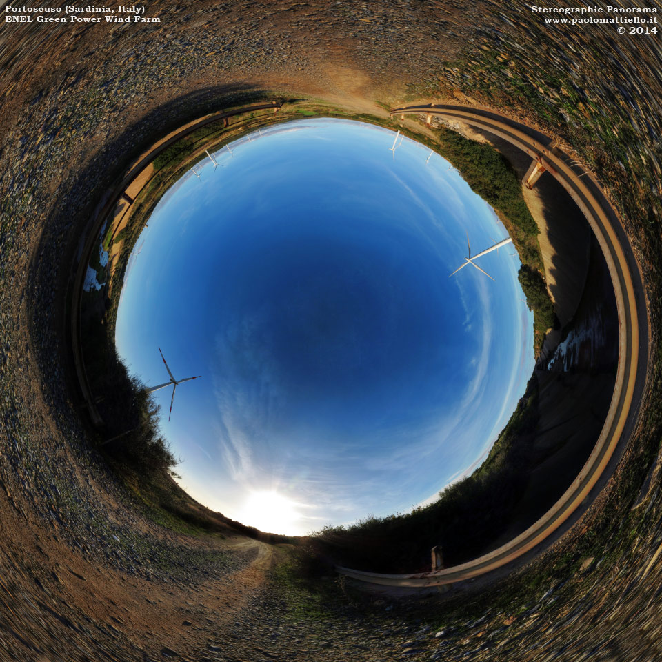 panorama stereografico stereographic - stereographic panorama - Sardegna→Portoscuso | Parco eolico ENEL Green Power (90MW) e canale di guardia, 12.12.2014