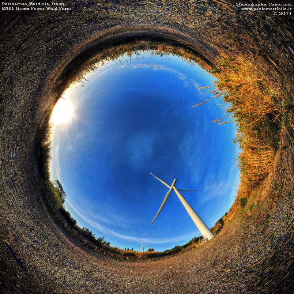 panorama stereografico stereographic - stereographic panorama - Sardegna→Portoscuso | Aerogeneratore del parco eolico ENEL Green Power (90MW), 12.12.2014