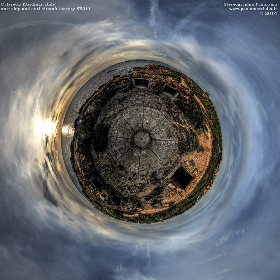 panorama stereografico stereographic - stereographic panorama - Sardegna→isola Sant'Antioco→Calasetta→loc. Mangiabarche | Batteria antinave SR 311 al tramonto, 13.12.2014