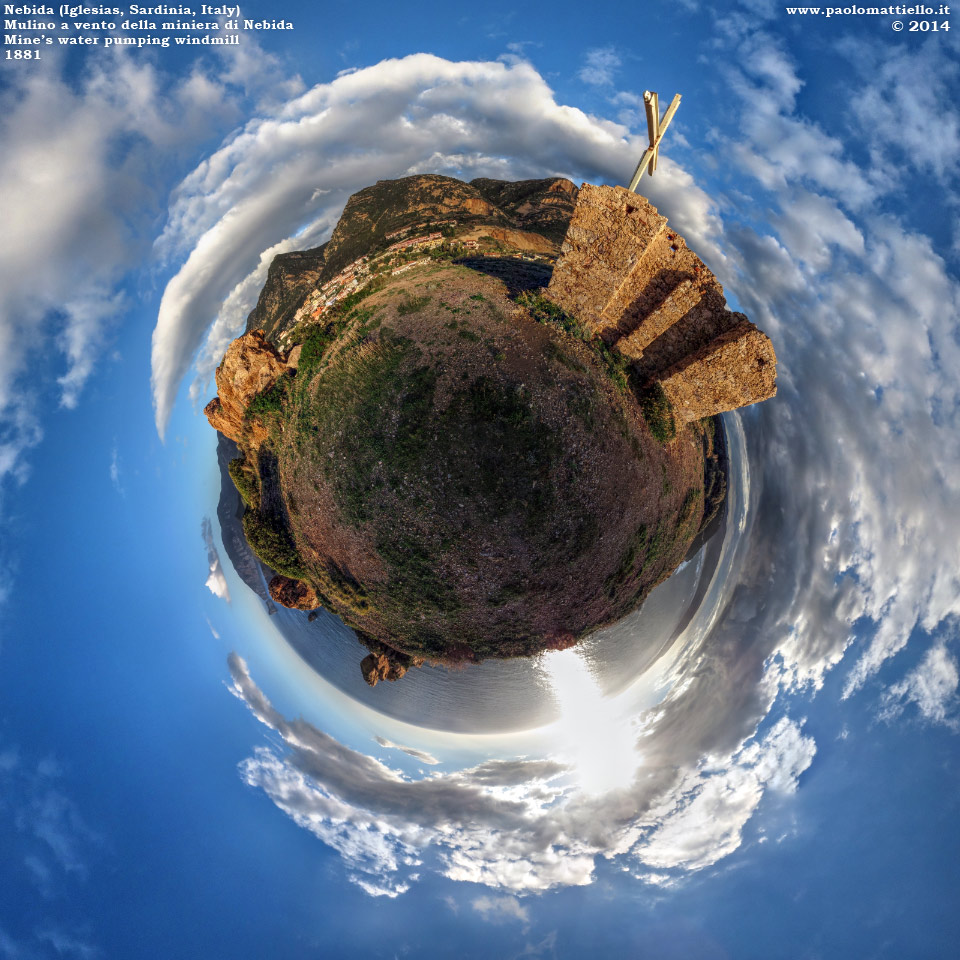 panorama stereografico stereographic - stereographic panorama - Sardegna→Iglesias→Nebida | Pan di Zucchero e rudere del mulino a vento, 18.12.2014