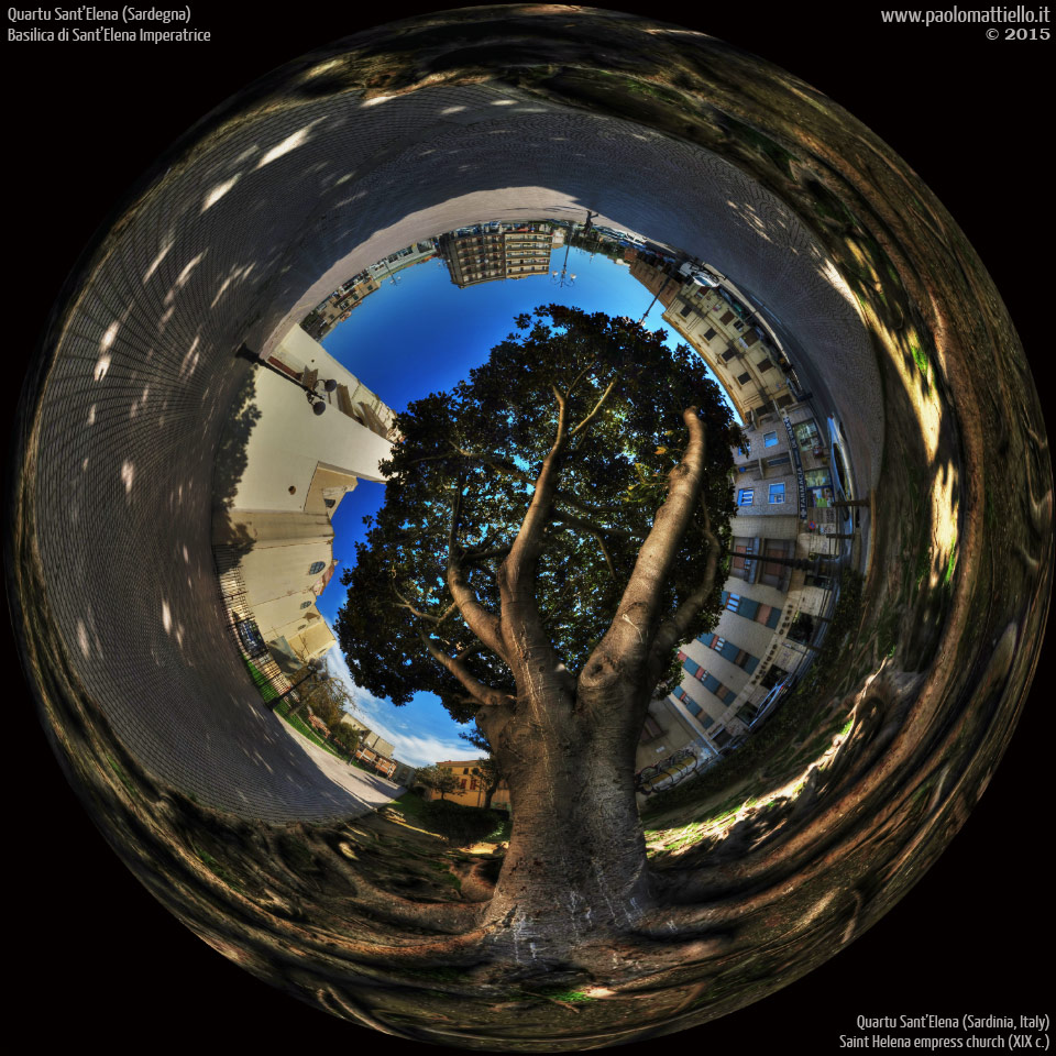panorama stereografico stereographic - stereographic panorama - Sardegna→Quartu Sant'Elena | Basilica Sant'Elena Imperatrice e Ficus macrophylla, 03.03.2015