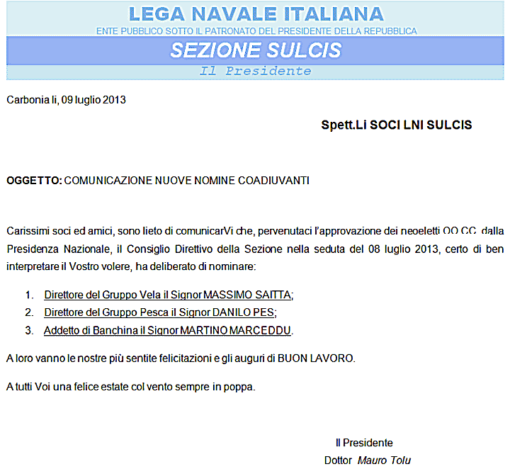 Comunicazione nuovi soci coadiuvanti LNI Sulcis Porto Pino 2013