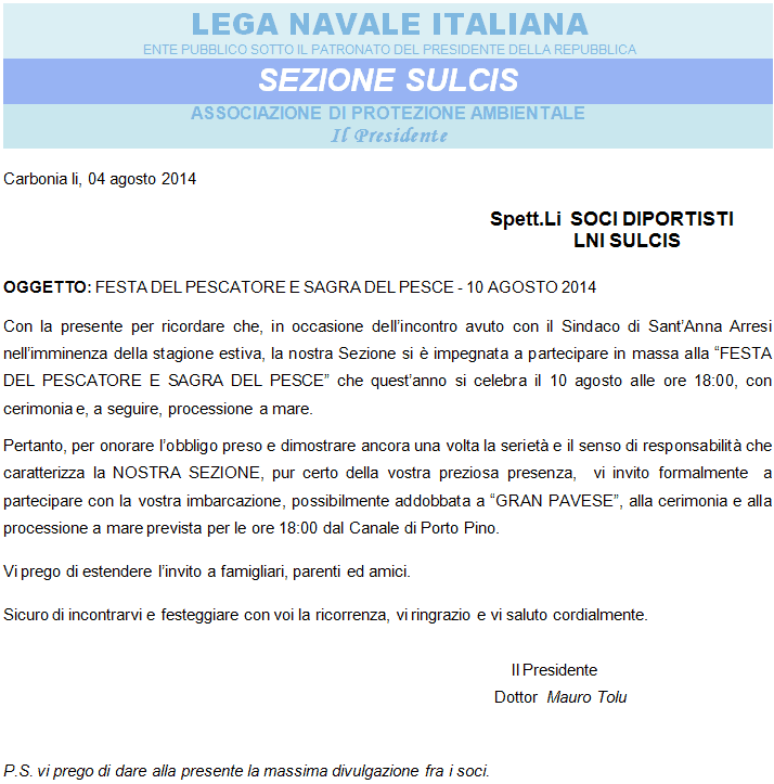 intestazione comunicazione presidente invito festa pescatore