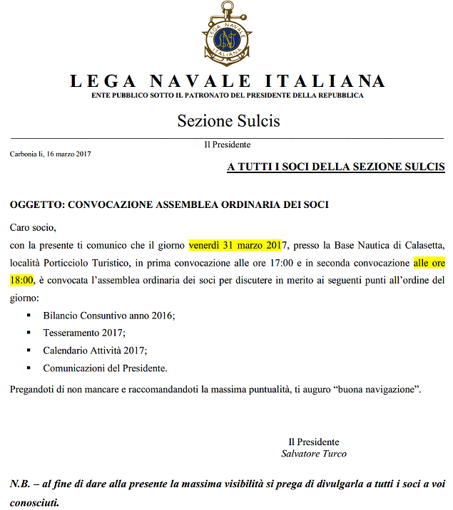 assemblea soci LNI Sulcis a CALASETTA il 31 marzo 2017