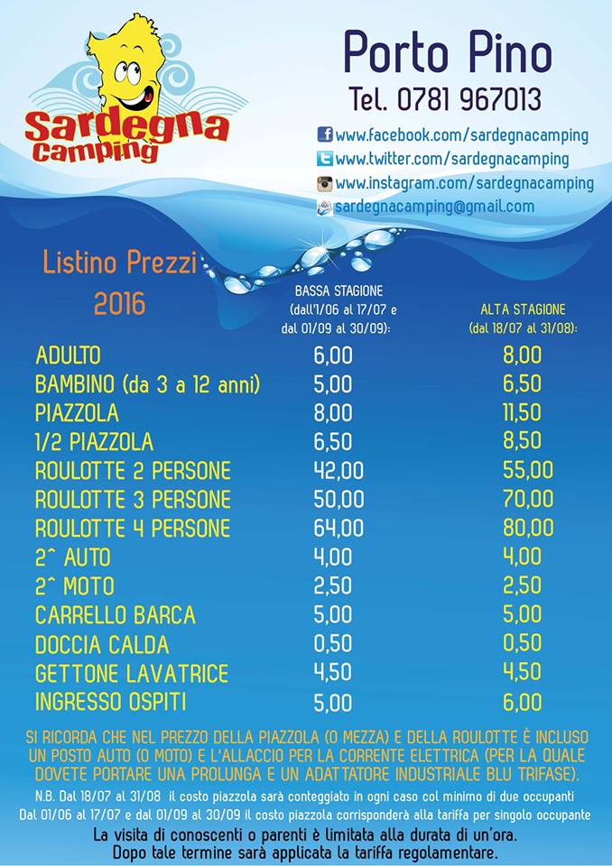 Camping Sardegna Porto Pino listino prezzi 2016 ITA