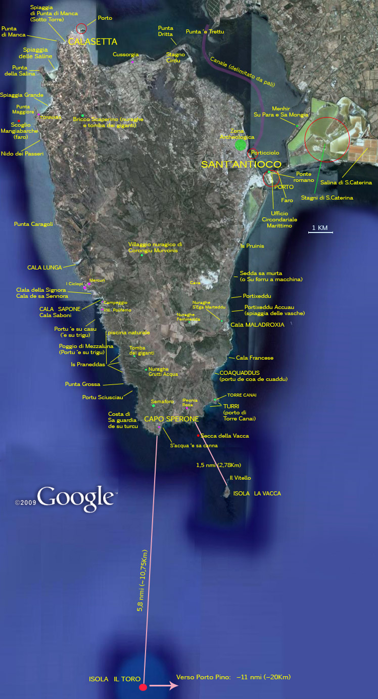 Cartina (foto google earth) dell'isola di S.Antioco coi nomi delle località