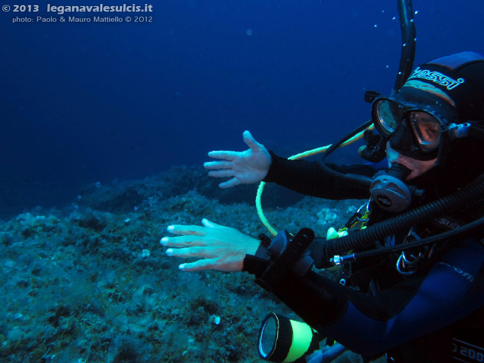 Porto Pino foto subacquee - 2012 - Subacqueo dimostra la presenza del termoclino (una mano sta in uno strato d'acqua calda e l'alta d'acqua fredda)